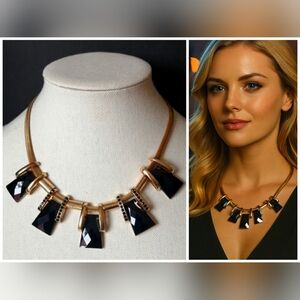 Vintage 1980s Necklace Black Beveled Onyxlike Diamanté Pendants Gold Snake Chain